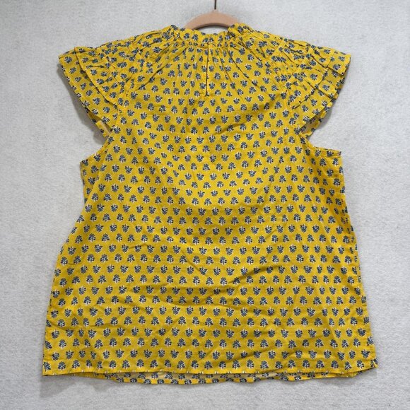 J Crew Shirt Womens Medium Yellow Blue Floral Ruffle Sleeve 100% Cotton Boho Top - Picture 8 of 9